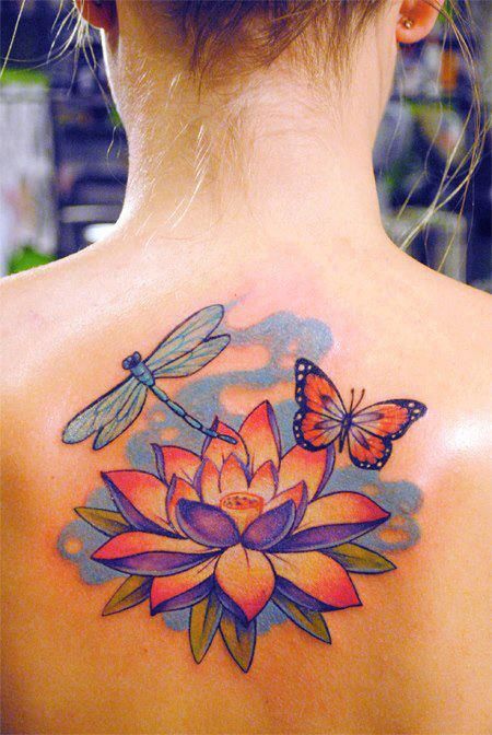 Mariposa, flor y libélula