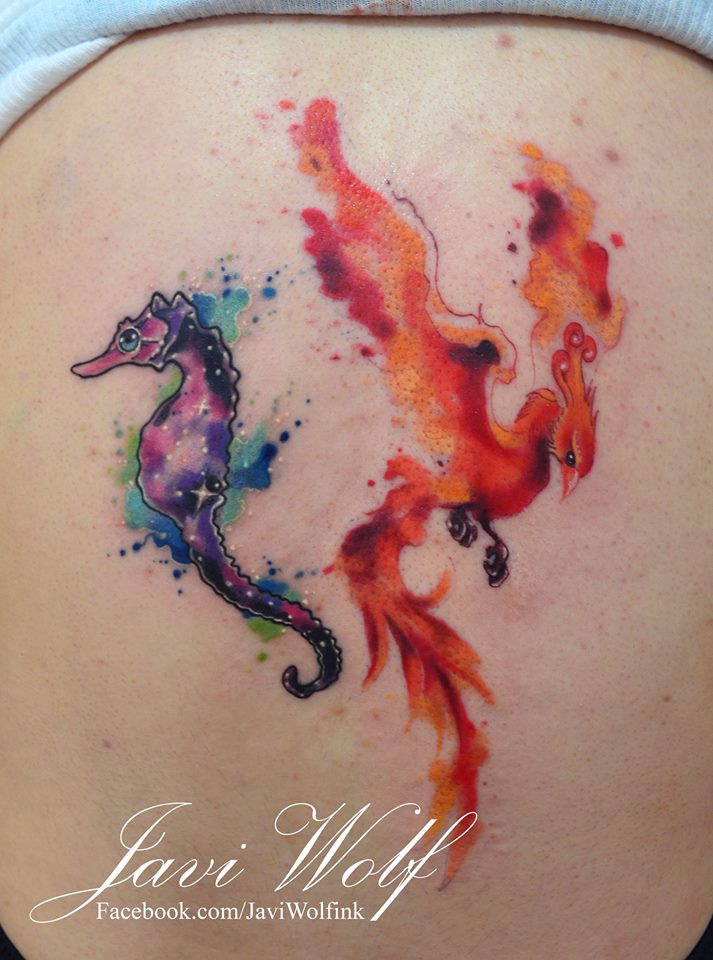 Hipocampo y Ave Fenix en Acuarelas by Javi Wolf